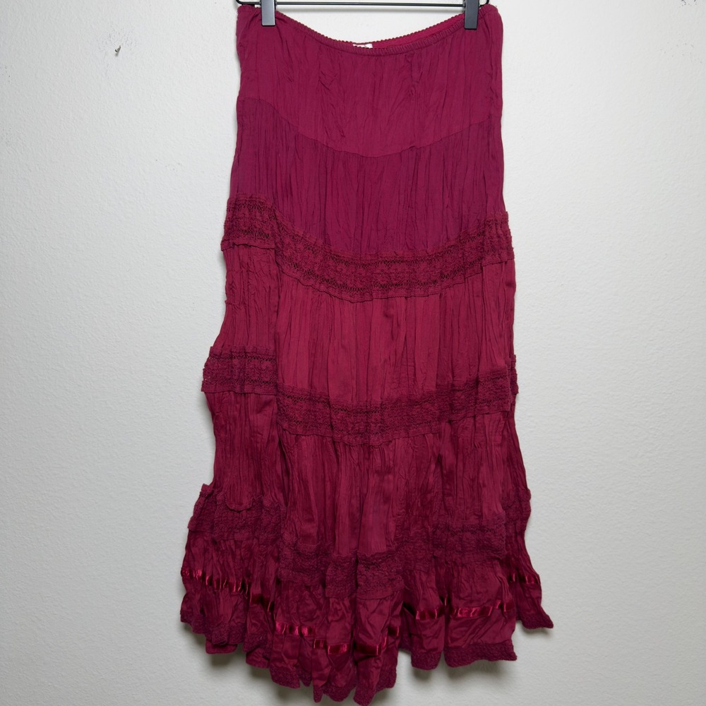 VTG Y2K Indie Fairy Grunge Women Cotton Maxi Skirt M Burgundy Tiered Lace Ribbon